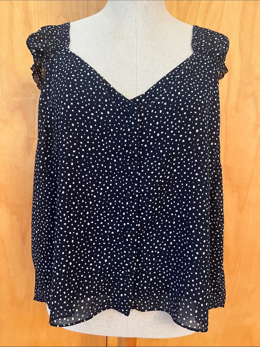 J. Crew Navy Polka Dot Ruffle Strap Blouse